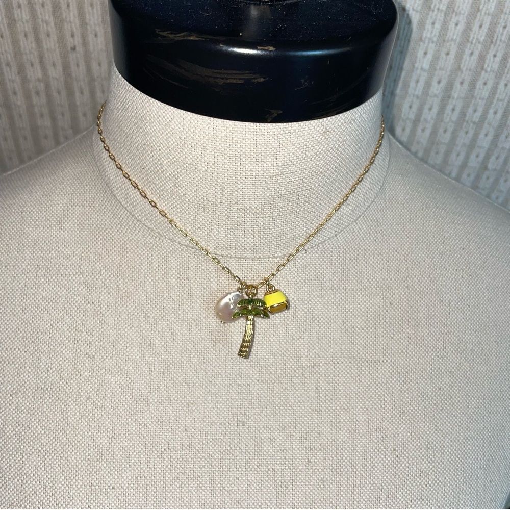 J Crew Beachy Charm Necklace Palm Tree Fresh Water Pearl Yellow Stone Goldtone